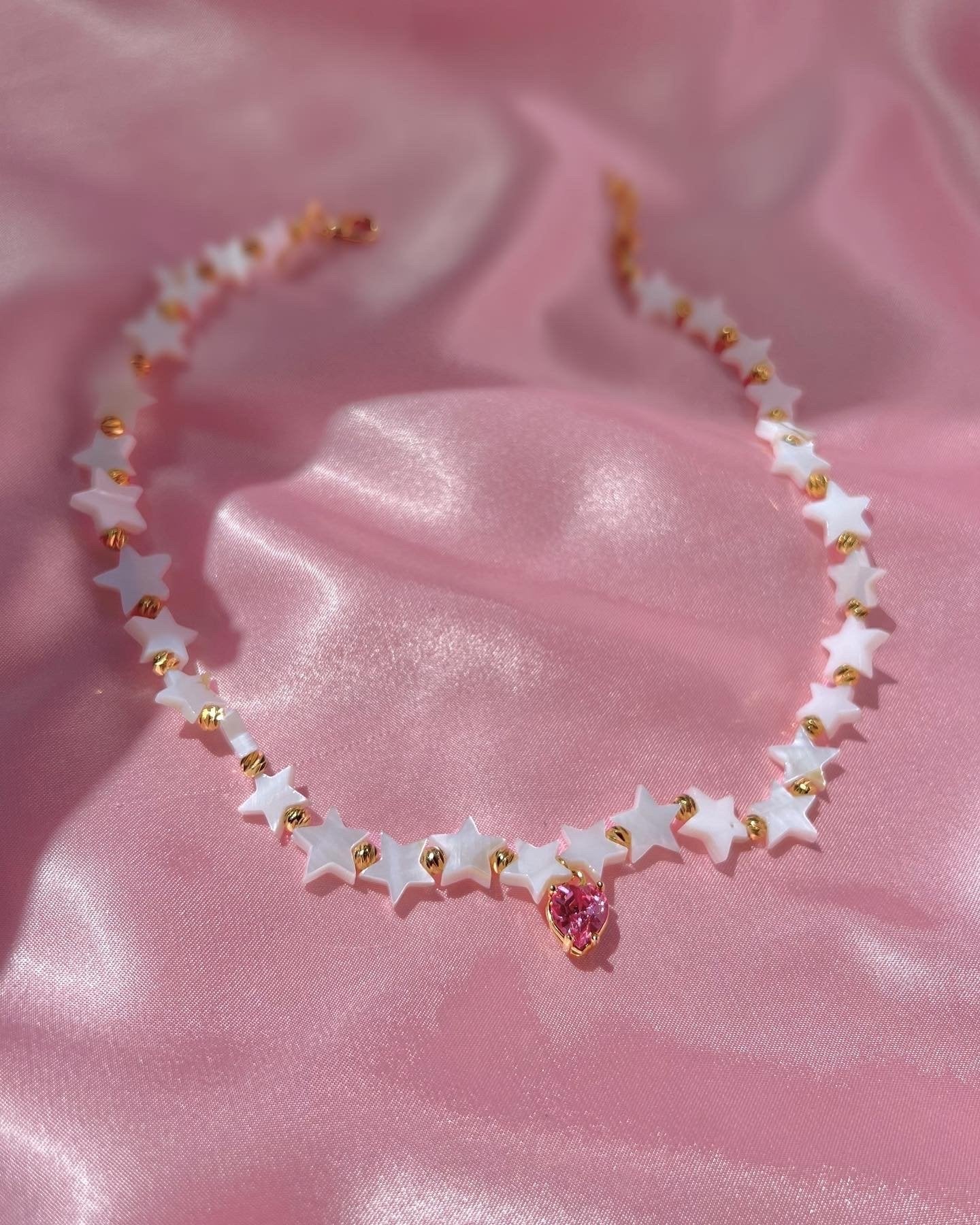 Collar de gargantilla de piedra de nácar - Collar de estrella - Collar de CZ - Gargantilla de corazón rosa