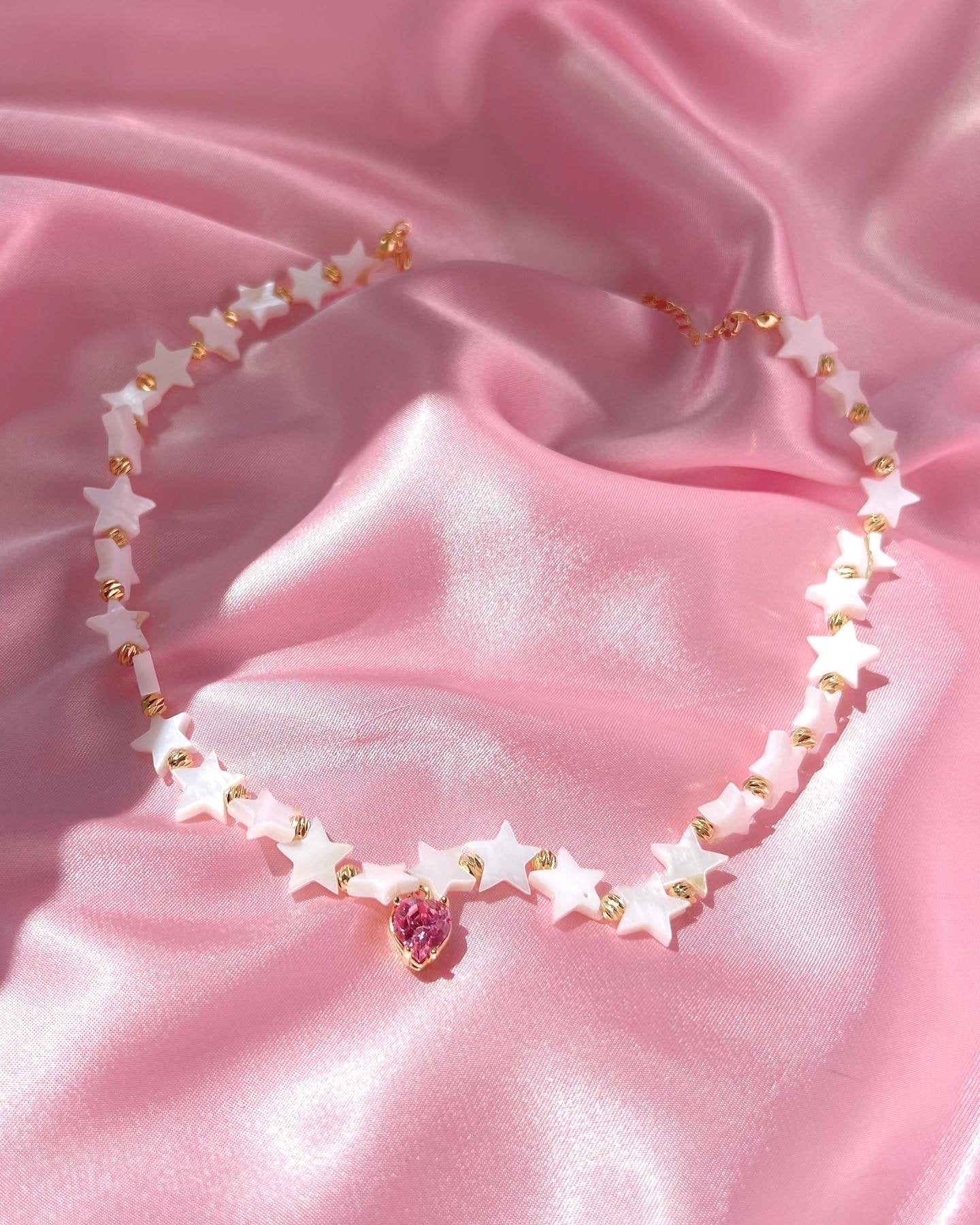 Collar de gargantilla de piedra de nácar - Collar de estrella - Collar de CZ - Gargantilla de corazón rosa