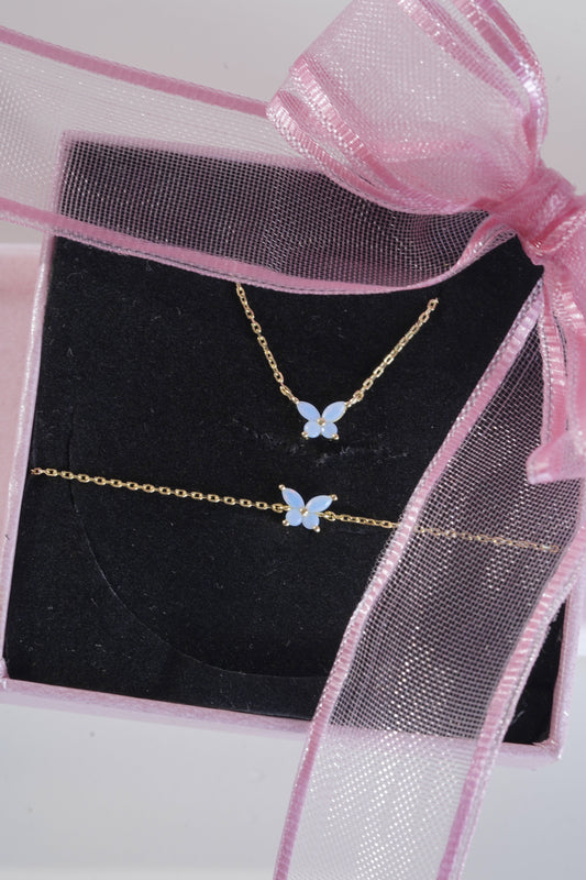 Minimal Opal Stone Butterfly Necklace-Bracelet Set /925 Sterling Silver