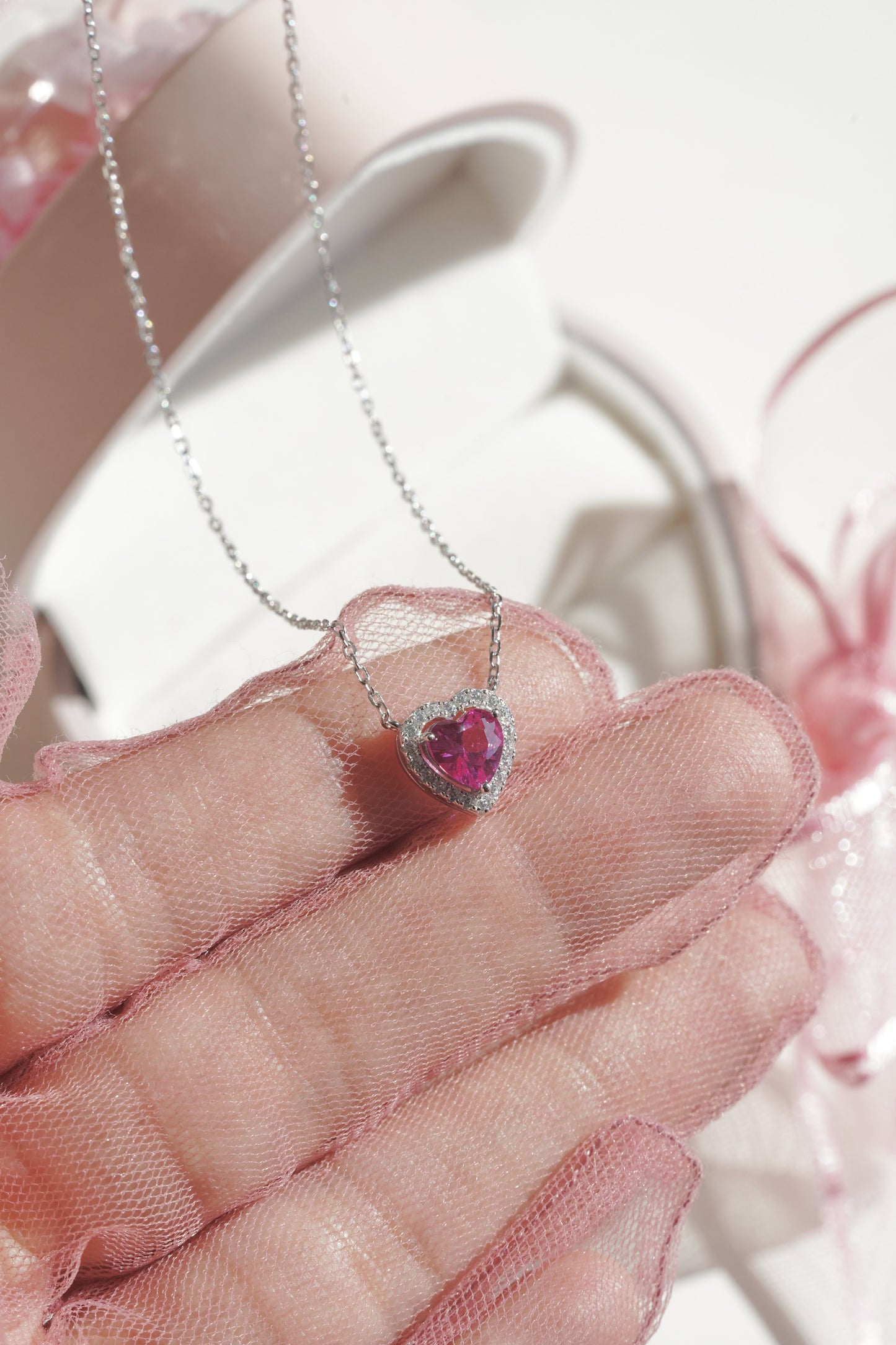 Sakura Pink Heart Necklace /925 sterling Silver