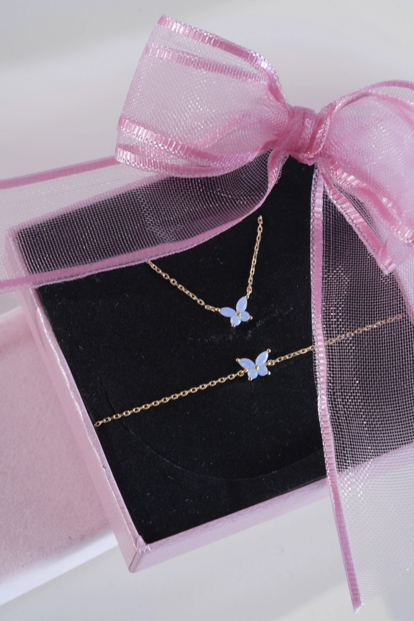 Minimal Opal Stone Butterfly Necklace-Bracelet Set /925 Sterling Silver