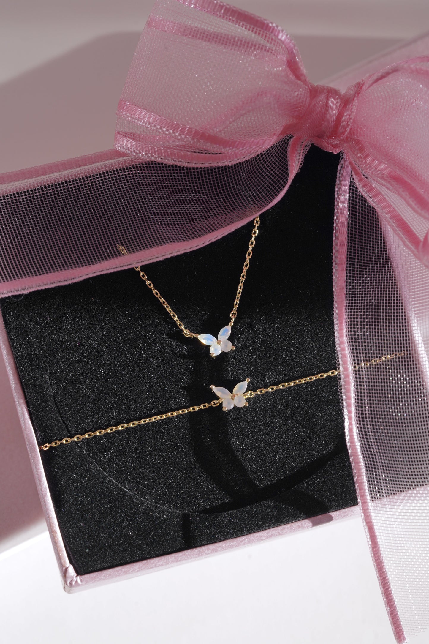 Minimal Opal Stone Butterfly Necklace-Bracelet Set /925 Sterling Silver