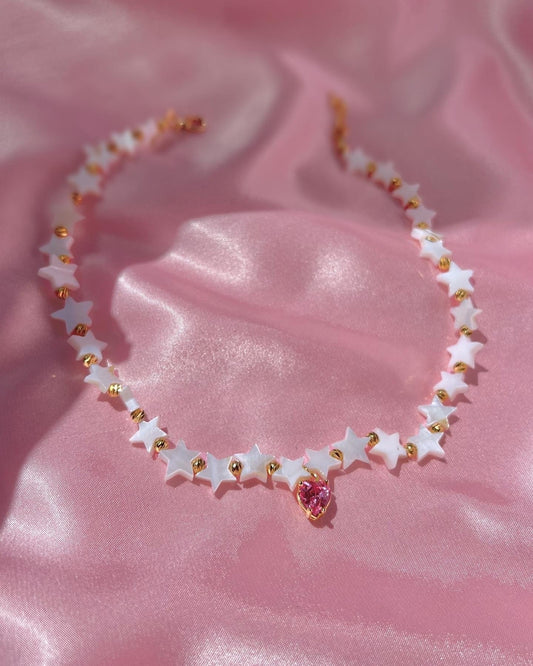 Mother of Pearl Stone Choker Necklace - Star Necklace -CZ Necklace -Pink Heart Choker
