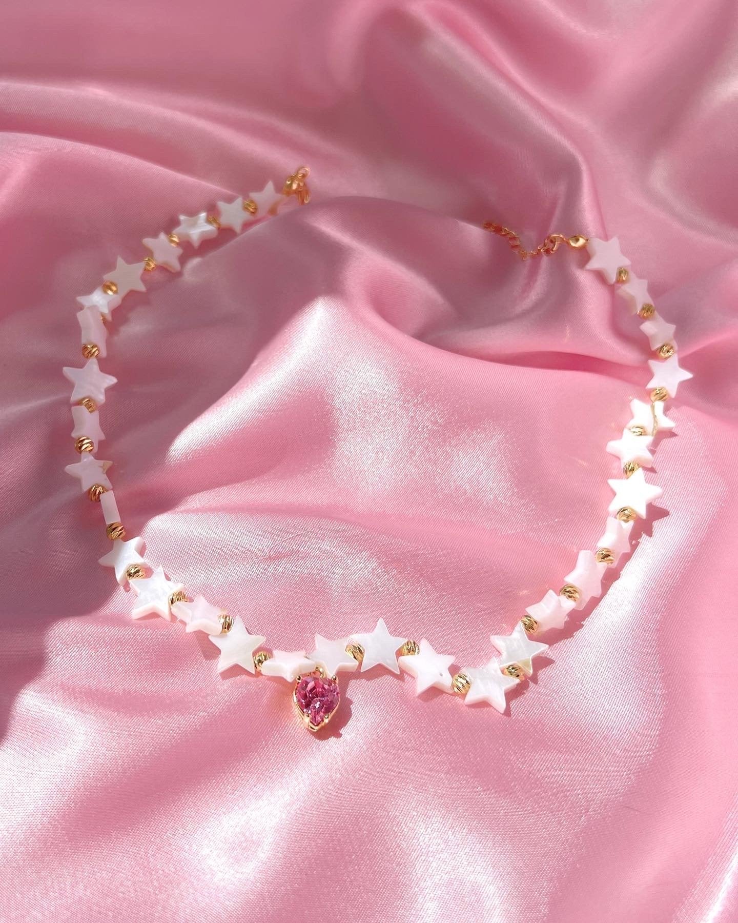 Mother of Pearl Stone Choker Necklace - Star Necklace -CZ Necklace -Pink Heart Choker