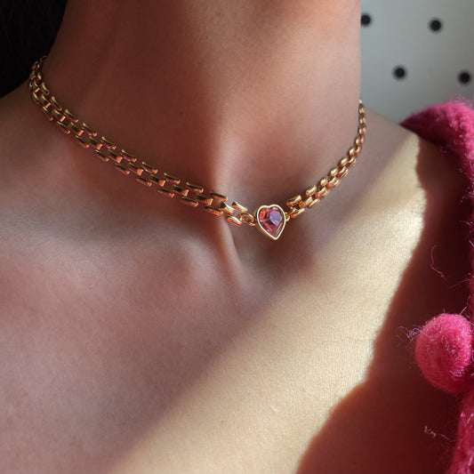 Princess Choker Necklace- Pink Heart Necklace- Gold Plated Necklace