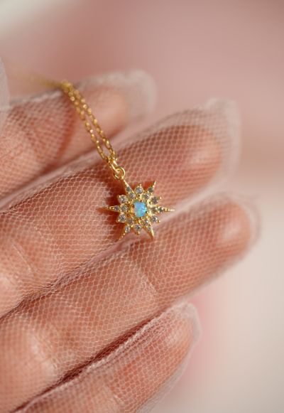 Minimalist Pole Star Necklace - 925 K Sterling Necklace - Opal Stone Necklace