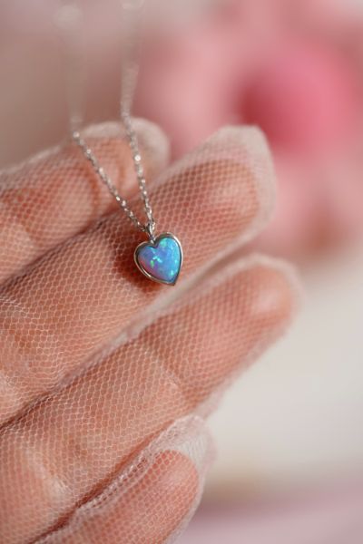 Minimalist Heart Necklace - 925 K Sterling Necklace - Opal Stone Necklace