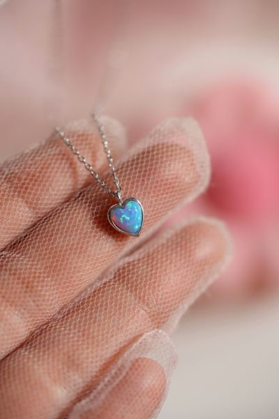 Minimalist Heart Necklace - 925 K Sterling Necklace - Opal Stone Necklace