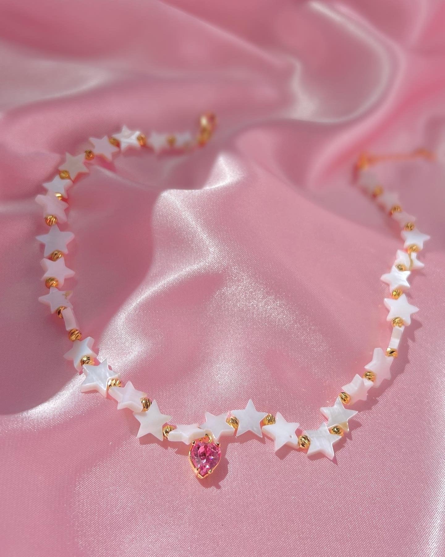 Mother of Pearl Stone Choker Necklace - Star Necklace -CZ Necklace -Pink Heart Choker