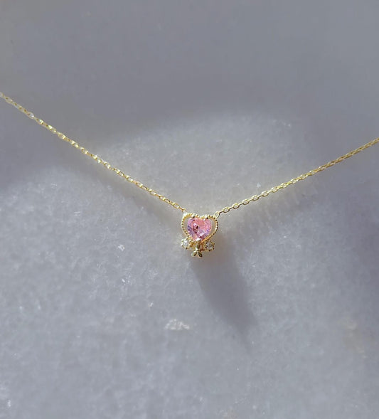 Princess Heart Necklace -925 Sterling Silver Necklace -Minimalist Heart Necklace -Pink Heart Necklace